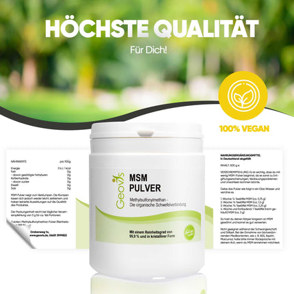 Geovis MSM pulveris 500g - organiskais sērs - augsta deva 99,9% tīrs metilsulfonilmetāns - VEGĀNS - uztura bagātinātājs