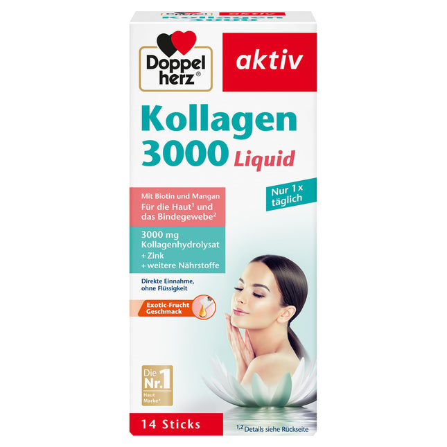 Doppelherz Collagen 3000 šķidrums - ādai + saistaudiem - ar A vitamīnu, cinku un biotīnu, kas veicina normālas ādas uzturēšanu – 14 paciņas