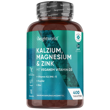 Kalcijs, magnijs, cinks - 400 tabletes 1+ gads - magnijs, D3 vitamīns, K2, bors, selēns, varš - 500 mg kalcija - vegāns - 1 tablete dienā - bez glutēna - alternatīva kapsulām - WeightWorld