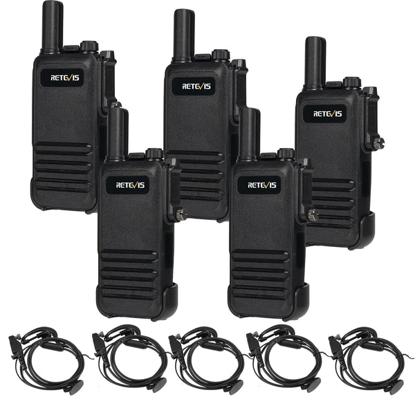 Retevis RB647 IP67 ūdensizturīga rācija, pārnēsājama divvirzienu rācija ar austiņu, PMR446 uzlādējama 1000 mAh, VOX, profesionālas rācijas restorāniem, viesnīcām (melnas, 5 gab. iepakojumā)