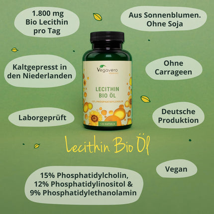 Organiskās lecitīna kapsulas | 1800 mg no saulespuķēm | Vegāns | Aukstā spieduma | 15% fosfatidilholīns | bez sojas | 120 gabali | Vegavero®