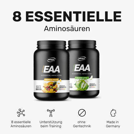 Wehle EAA pulveris 500g, smalks aminoskābju pulveris ar 8 neaizvietojamām aminoskābēm, Human Code Formula I. Garda garša un lieliska šķīdība - vegāns cukurs, aminoskābju dzēriens treniņiem (500g, tropiskie augļi).