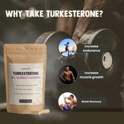 Cupplement Turkesterone 60 kapsulas 500 MG 10% ekstrakts Ajuga Turkestanica - alternatīva Tongkat Ali un Fadogia Agrestis - Turksterons - sportistiem un kultūristiem - augsta deva - vienam mēnesim