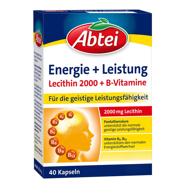 Abtei Energy + Performance – 2000 mg lecitīna + 7 B vitamīni – augsta deva – uztura bagātinātājs koncentrēšanās un garīgās veiktspējas uzlabošanai – 1 x 40 kapsulas
