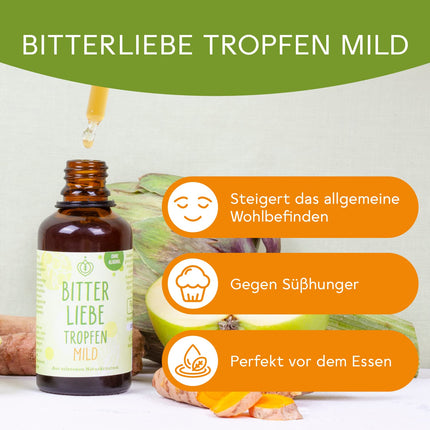 BitterLiebe® rūgtās pilieni bez spirta 50 ml pēc Hildegardas fon Bingenas receptes - oriģināls no "Lauvas midzeņa" - stipri dozētas rūgtās vielas pilieni
