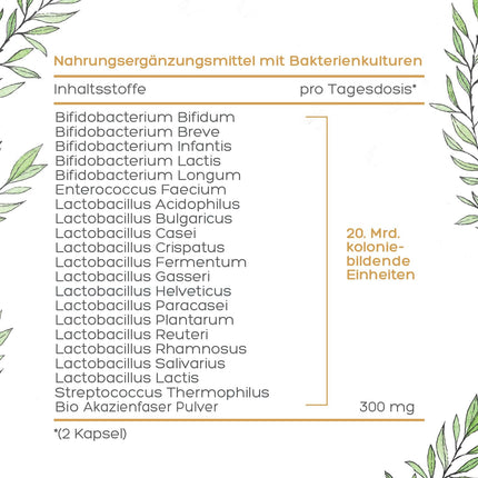 Kultūru komplekss ar 350 miljardiem CFU/g* 20 baktēriju celmiem + organiska akācijas šķiedra - 180 kapsulas, zarnās šķīstoša apvalka un vegānas - 20 miljardi CFU dienā - Luondu LUBIOTIC kultūru komplekss ar augstu devu