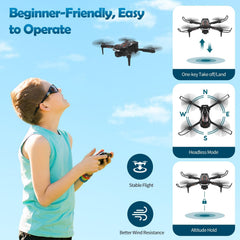 Blumacht salokāms drons bērniem un iesācējiem, Wi-Fi FPV drons ar 120° platleņķa 1080P HD kameru, vienas pogas pacelšanās/nosēšanās, 360° pagrieziens, gravitācijas sensors, sekojiet man, žestu foto, 2 baterijas