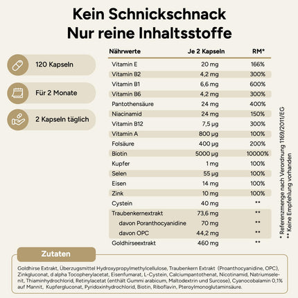Matu vitamīni - augsta deva ar biotīnu, cinku, selēnu, OPC, prosas ekstraktu (bagāts ar silīciju un silīcija dioksīdu) - 120 kapsulas (2 mēneši) - matu un bārdas augšanai - sievietēm un vīriešiem