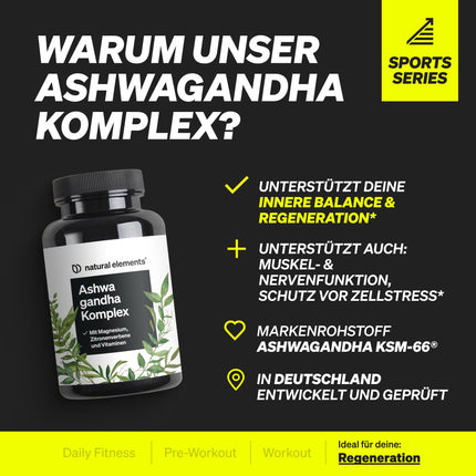 Ašvagandas komplekss – 600 mg dienā – 120 kapsulas – ar KSM-66, citronverbēnu, magniju, folskābi un C, B6 un B12 vitamīniem – augsta deva un vegānisks – ražots Vācijā un laboratorijā pārbaudīts