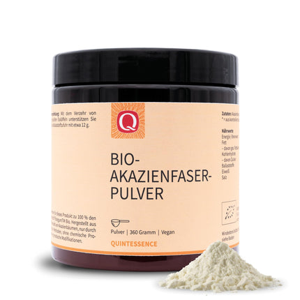 Quintessence Acacia Fiber Powder Organic 360g - vegāns, tīri dabīgs un bez piedevām, akācijas šķiedra ar 80% šķiedrvielu saturu, ļoti labi šķīstošs, ražots Austrijā