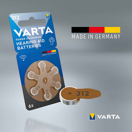 VARTA dzirdes aparātu baterijas, 312. tips, brūnas, 60 baterijas, uzglabāšanas iepakojums, barošana pēc pieprasījuma, bezvadu apstiprinājums, p 312 izmērs dzirdes aparātiem un dzirdes palīglīdzekļiem, ražotas Vācijā
