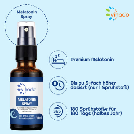 Vihado melatonīna aerosols - Premium: Līdz pat 5 reizēm lielāka deva - 180 dienu krājumi - melatonīna aerosols ar augstu lavandas devu, bezalkoholisks - vegāns, 30 ml