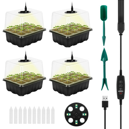 RIOGOO 4 sēklu sākuma paplātes iepakojums ar augšanas lampu, sēklu sākuma komplekts ar regulējamu spilgtumu un mitrumu, siltumnīcas diedzēšanas komplekts (12 x 4,48 šūnas)