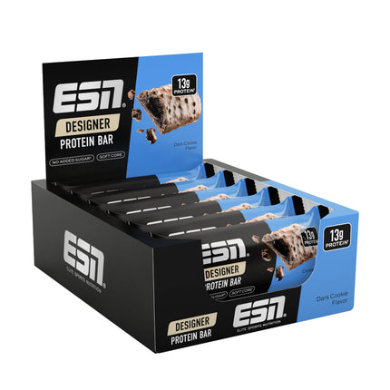 ESN Designer batoniņu kārba, tumšā cepumu forma, 12 x 45 g, ideāla uzkoda ar līdz pat 14 g olbaltumvielu vienā batoniņā - ražota Vācijā
