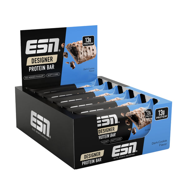 ESN Designer batoniņu kārba, tumšā cepumu forma, 12 x 45 g, ideāla uzkoda ar līdz pat 14 g olbaltumvielu vienā batoniņā - ražota Vācijā
