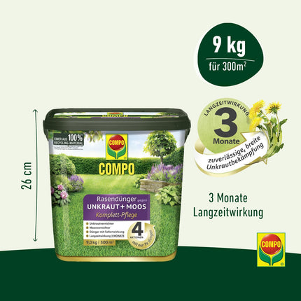 COMPO zāliena mēslojums pret nezālēm un sūnām - 9 kg uz 300 m² - 3 mēnešu ilgstoša iedarbība - COMPO zāliena mēslojums pret nezālēm + sūnām pilnīga kopšana