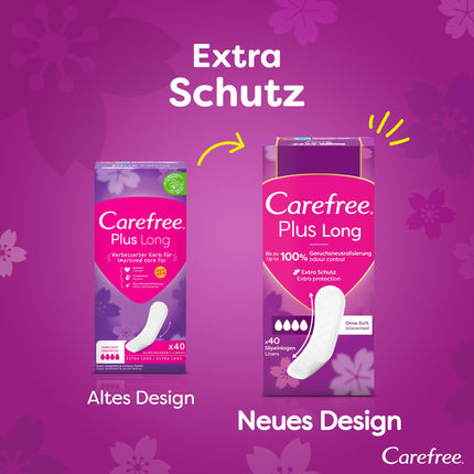 CAREFREE Plus Long bezsmaržojošie ikdienas ieliktnīši (5 x 40 gab.), īpaši absorbējoši, lai acumirklī aizturētu šķidrumu, Plus Long izmērs
