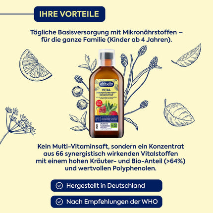 Zirkulin Vital mikroelementu koncentrāts (200 ml) – 20 dienu krājums – 66 svarīgas vielas no augļiem, dārzeņiem un garšaugiem – Vērtīgi polifenoli – Vitamīni un minerālvielas ģimenei