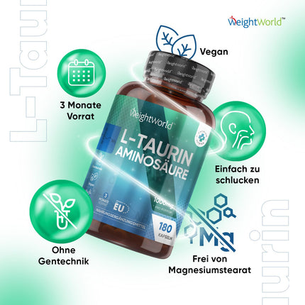 L-taurīna kapsulas - 1000 mg dienā - 180 vegānu aminoskābju kapsulas - 2 L-taurīna aminoskābju kapsulas - 3 mēnešu krājumi - alternatīva pulverim vai tabletēm - WeightWorld