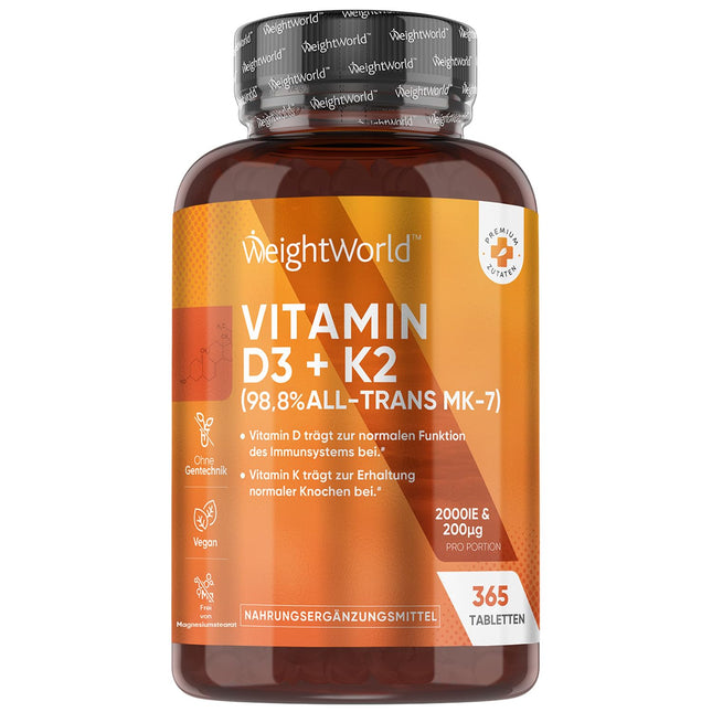 D3 K2 vitamīns 2000 SV - 2 gadu krājums - 365 tabletes ar 200 μg K2 vitamīna - 98,8% All-Trans MK-7 - 1 tablete ik pēc 2 dienām - Vitamīnu pilienu alternatīva - Vegānu avots (ķērpji) - WeightWorld