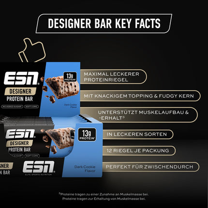 ESN Designer batoniņu kārba, tumšā cepumu forma, 12 x 45 g, ideāla uzkoda ar līdz pat 14 g olbaltumvielu vienā batoniņā - ražota Vācijā