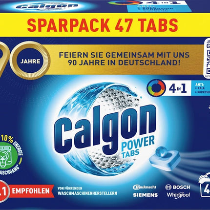 Calgon 4-in-1 Power Tabs – Ūdens mīkstinātājs pret kaļķakmeni, netīrumiem un koroziju veļas mašīnā – Novērš nepatīkamas smakas – 1 x 47 tabletes