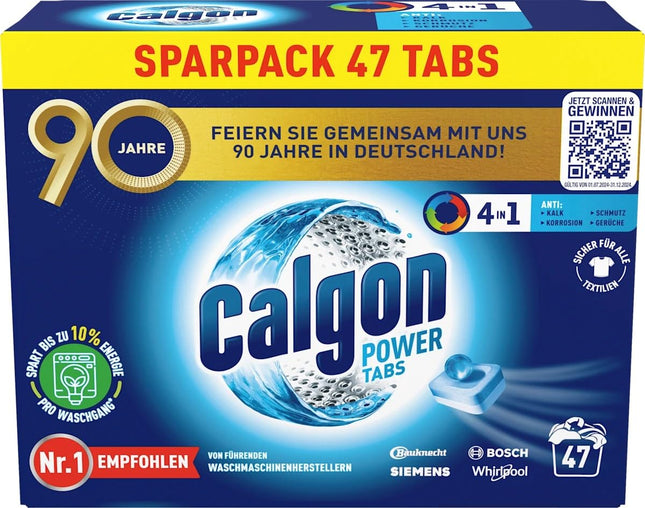 Calgon 4-in-1 Power Tabs – Ūdens mīkstinātājs pret kaļķakmeni, netīrumiem un koroziju veļas mašīnā – Novērš nepatīkamas smakas – 1 x 47 tabletes