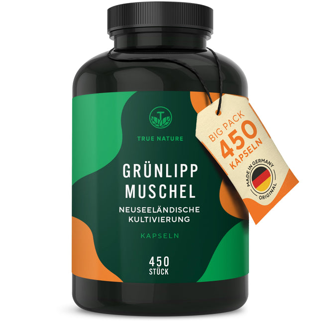 Zaļlūpu gliemene - 450 kapsulas - par 50% vairāk satura - Augsta deva: 2000 mg dienā - Bez piedevām - Audzēta Jaunzēlandē - Ražota Vācijā - TRUE NATURE®