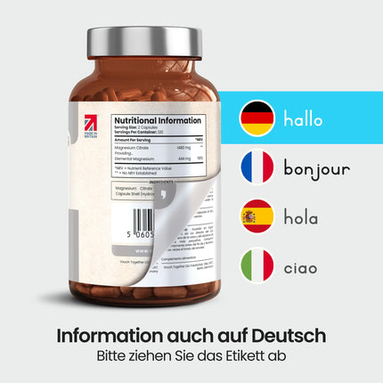 Magnija citrāta kapsulas 240, 1480 mg magnija kompleksa pulveris ar augstu devu (444 mg elementārā Mg) vegāns, bez piedevām, magnija citrāta pulveris laboratorijai/sportam, Mg citrāts VitaBright