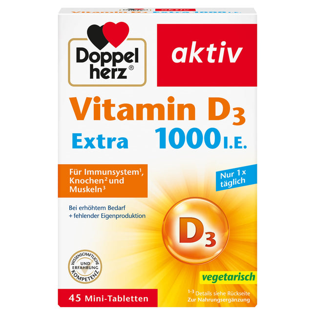 Doppelherz D vitamīns 1000 - D vitamīns, kas veicina normālu imūnsistēmas darbību, kaulu un muskuļu darbību - 45 mini tabletes