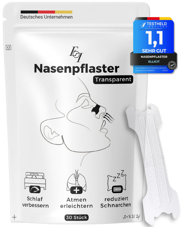 Ellicit® caurspīdīgas deguna plāksnītes, 30 gab. iepakojumā, augstas kvalitātes deguna plāksnītes, pret krākšanu, īpaši stipra noturība labākai miega kvalitātei, labāka elpošana ar aizliktu degunu, deguna plāksnītes [katram degunam]