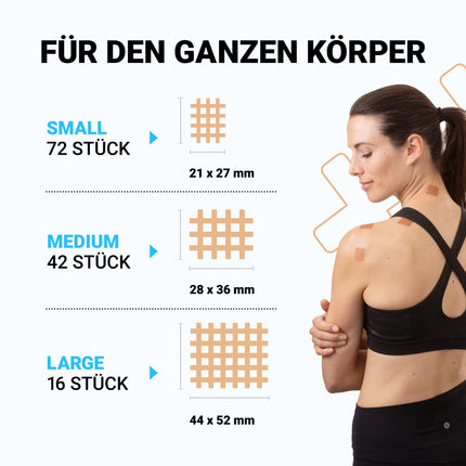 TRUETAPE Crosstapes – 130 režģveida plāksteri 3 dažādos izmēros (72x S, 42x M, 16x L), ieskaitot instrukcijas – Ūdensizturīgi un īpaši stipra fiksācija – Oriģinālie akupunktūras plāksteri – Jaukts iepakojums
