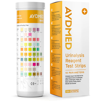100 x Aydmed urīna analīzes testa strēmeles 10 parametru urīna testa strēmeles leikocītu, nitrītu, urobilinogēna, olbaltumvielu, pH, asiņu, īpatnējā svara, ketonvielu, bilirubīna un glikozes noteikšanai