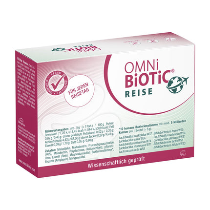 OMNi BiOTiC ceļojumi | 14 porcijas (70 g) | 10 baktēriju celmi | 5 miljardi baktēriju vienā dienas devā | Pulveris | Vegāns | Bez glutēna | Bez laktozes | Ikdienas lietošanai