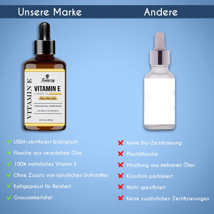Kanzy E vitamīna eļļas organiskie pilieni kosmētikai 60 ml 100% dabīgs d-alfa-tokoferols, pretgrumbu, pretnovecošanās līdzeklis, tīra E vitamīna eļļa pret visu veidu grumbām, sejai, nagiem un matiem