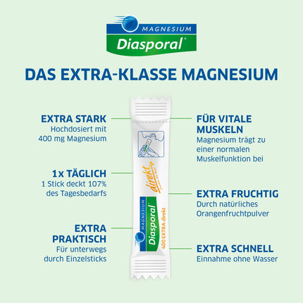 Magnijs-Diasporal 400 EXTRA tieši | Magnija nūjiņas ar augļu magnija pulveri | EXTRA KLASES tiešās granulas ar 400 mg magnija vienā paciņā, 50 magnija tiešās granulas