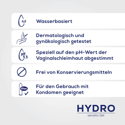 Ritex HYDRO Gel, jutīgai ādai paredzēts lubrikants, bez konservantiem, uz ūdens bāzes, 100 ml, ražots Vācijā