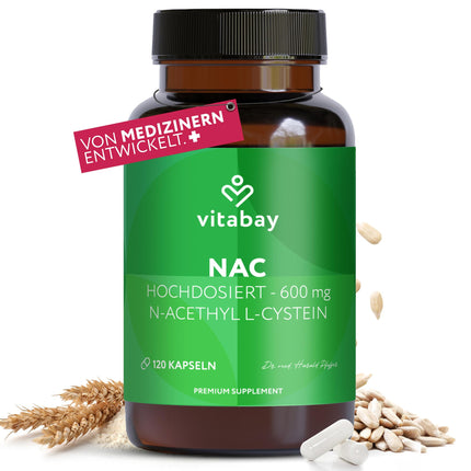 Vitabay NAC kapsulas 600 mg – 120 vegānas kapsulas ar N-acetilcisteīnu – augsta N-acetil-L-cisteīna deva – laboratoriski pārbaudītas un bez piedevām – bez ĢMO un vegānas
