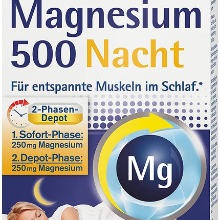 tetesept Magnesium 500 Night – uztura bagātinātājs ar augstu magnija devu – atslābināti muskuļi miega laikā ar magnija tabletēm – 1 x 30 tabletes