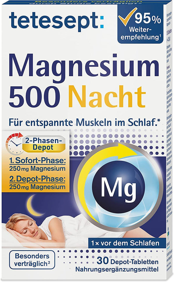 tetesept Magnesium 500 Night – uztura bagātinātājs ar augstu magnija devu – atslābināti muskuļi miega laikā ar magnija tabletēm – 1 x 30 tabletes