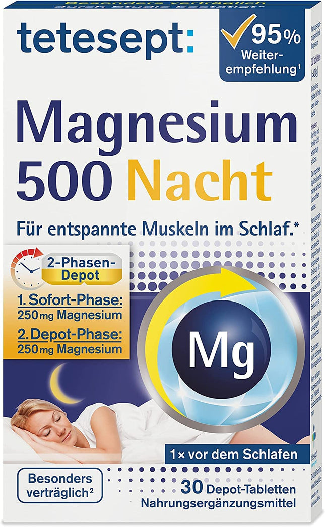 tetesept Magnesium 500 Night – uztura bagātinātājs ar augstu magnija devu – atslābināti muskuļi miega laikā ar magnija tabletēm – 1 x 30 tabletes