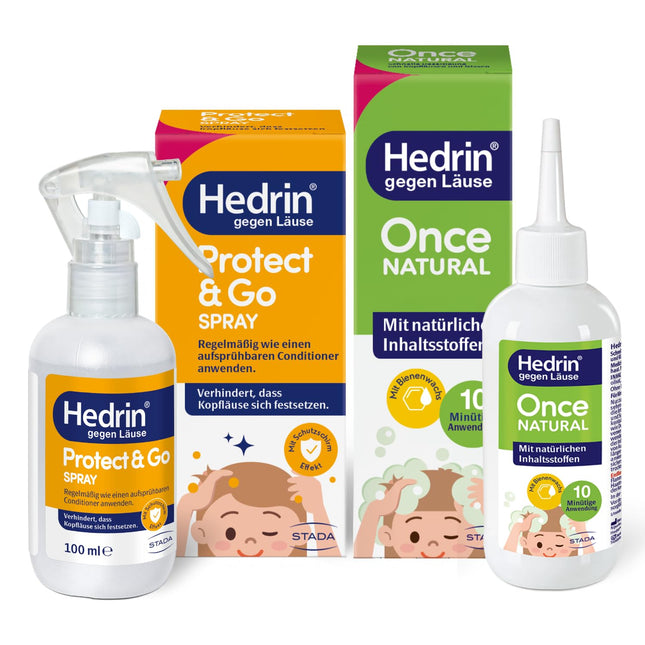 HEDRIN Once Natural + HEDRIN Protect &amp; Go Spray – Ātra atvieglojuma nodrošināšana pret utīm – Izdevīgs iepakojums: efektīva profilakse un akūts atvieglojums ar dabīgām sastāvdaļām