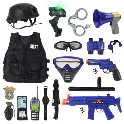 deAO policijas lomu spēles komplekts bērniem, policijas kostīms bērniem ar vesti, ķiveri, rotaļu granātām, roku dzelžiem, rāciju, policijas rotaļlietas bērniem zēniem karnevālam Helovīnam