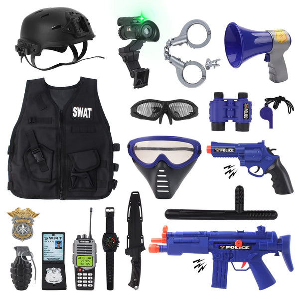 deAO policijas lomu spēles komplekts bērniem, policijas kostīms bērniem ar vesti, ķiveri, rotaļu granātām, roku dzelžiem, rāciju, policijas rotaļlietas bērniem zēniem karnevālam Helovīnam
