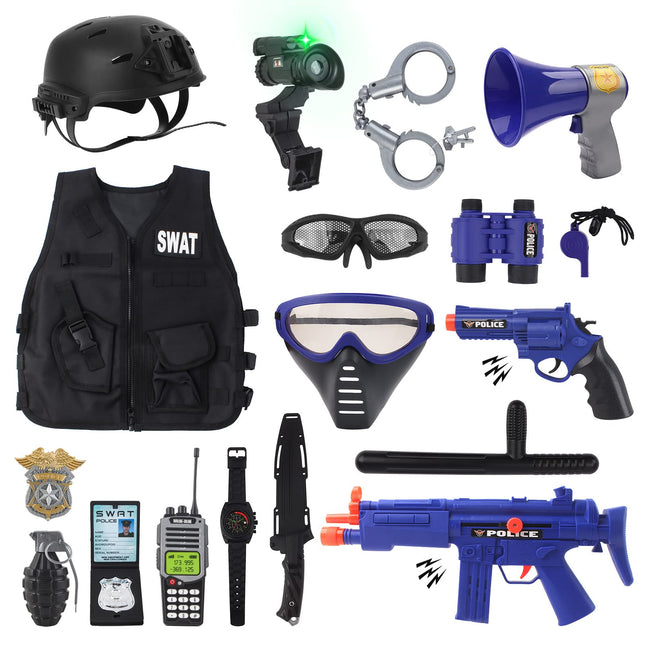 deAO policijas lomu spēles komplekts bērniem, policijas kostīms bērniem ar vesti, ķiveri, rotaļu granātām, roku dzelžiem, rāciju, policijas rotaļlietas bērniem zēniem karnevālam Helovīnam