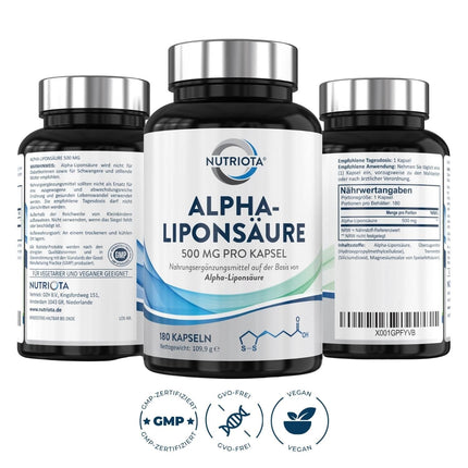 Alfa lipoīnskābe ALA 500 mg | 180 lielas devas vegānas kapsulas | Palīdz pret iekaisumu, atbalsta cukura līmeņa asinīs regulēšanu un nervu veselību, efektīvs pret tirpšanu pēdās, rokās, ekstremitātēs un citur