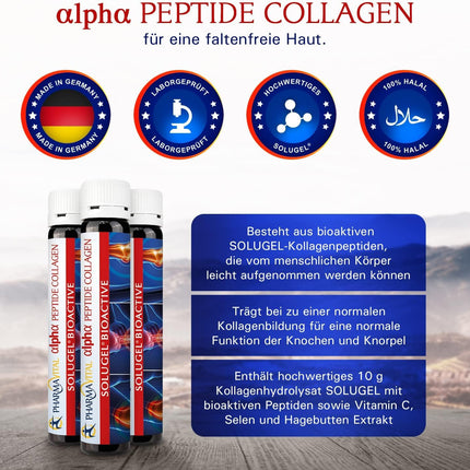 PharmaVital alfa peptīdu kolagēna dzeršanas ampulas (50 gab.) – 10 000 mg kolagēna hidrolizāta SOLUGEL®, C vitamīns, selēns, mežrozītes, Premium, ar bioaktīviem peptīdiem kauliem, locītavām, ādai