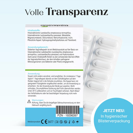 DÖDERLEIN® vaginālās kapsulas – ar pienskābes baktērijām un hialuronskābi (15 kapsulas) – Veicina maksts gļotādas aizsargbarjeru