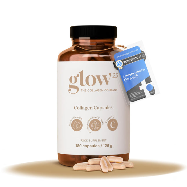 Glow25® kolagēna kapsulas ar augstu devu [180 kapsulas] ar hialuronskābi un C vitamīnu | Augstākās kvalitātes kolagēna komplekss | Laboratorijā pārbaudīts