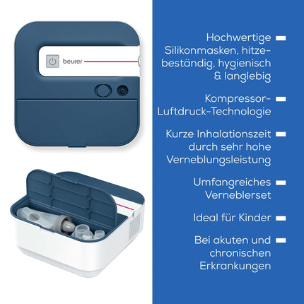 Beurer IH 28 Pro inhalators, smidzinātāja komplekts ar augstas kvalitātes silikona maskām un deguna dušu, augsta smidzināšanas veiktspēja, inhalācijas ierīce elpošanas terapijai, bērniem un pieaugušajiem